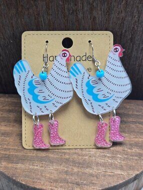 NWT Whimsy Chicken Earrings Pierced Acrylic Boots Dangle Drop Light Weight